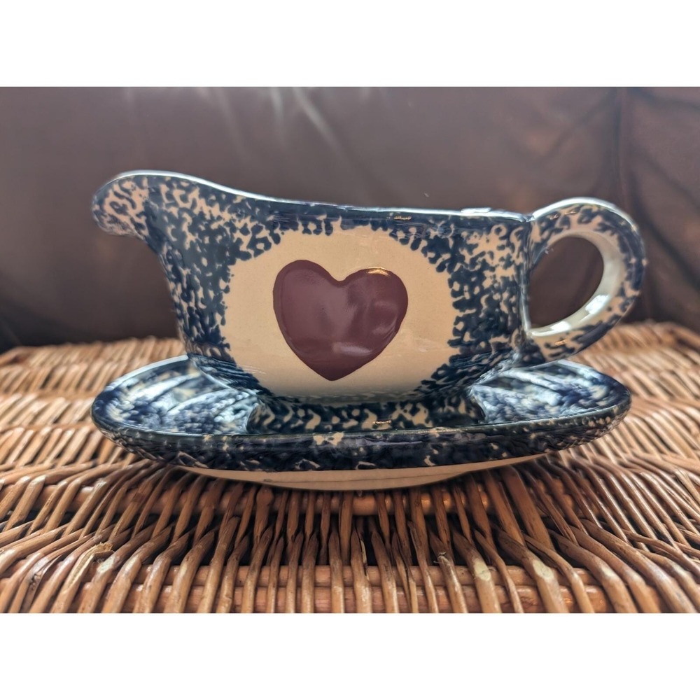 Ceramic Glazed Gravy Boat & Tray Cobalt Blue & White Spotted Red Heart